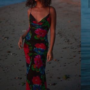 NWT Rat & Boa Casablanca Dress: full length, black, floral, red, blue, cowl neck